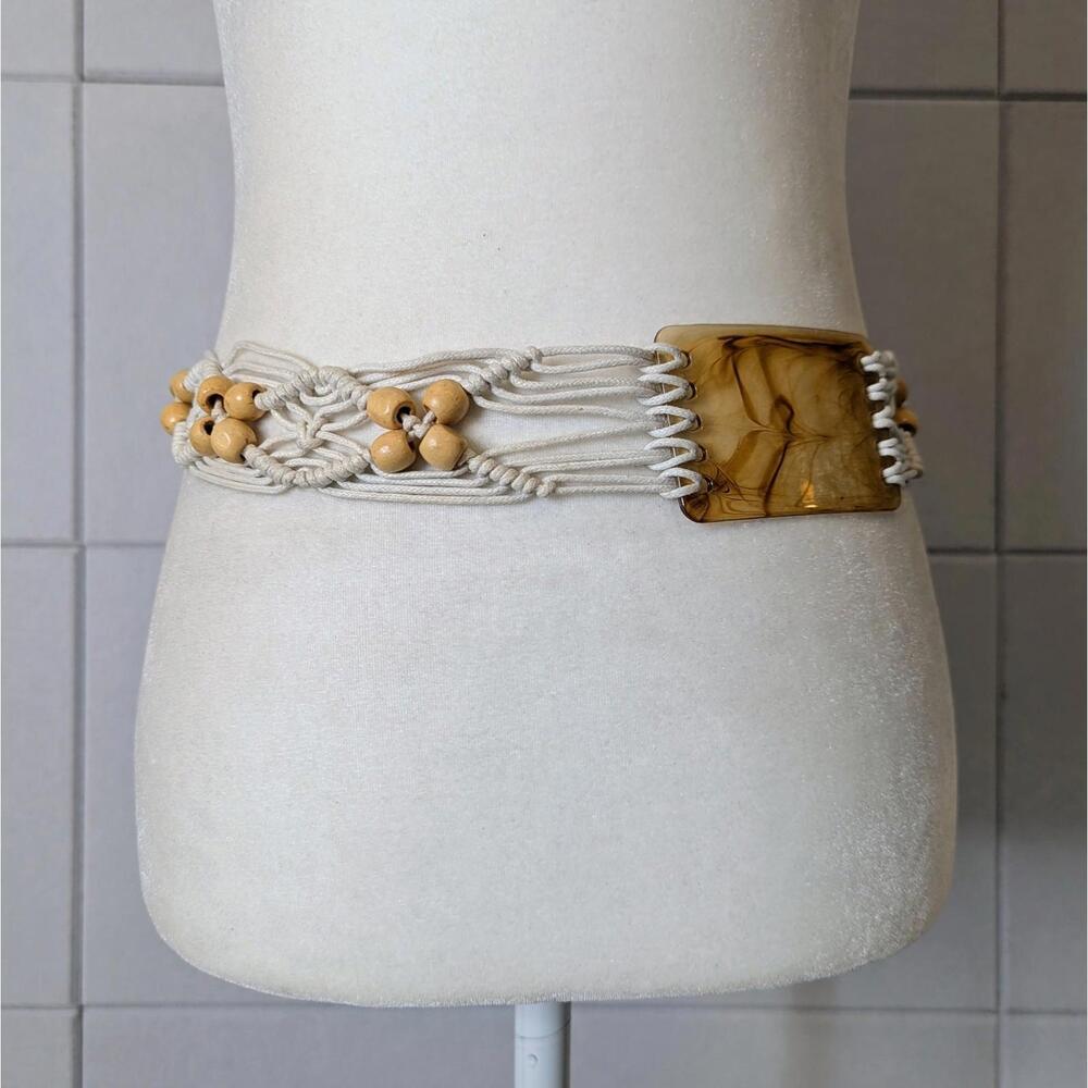 Vintage macrame beaded tie belt w/ marbled resin accent